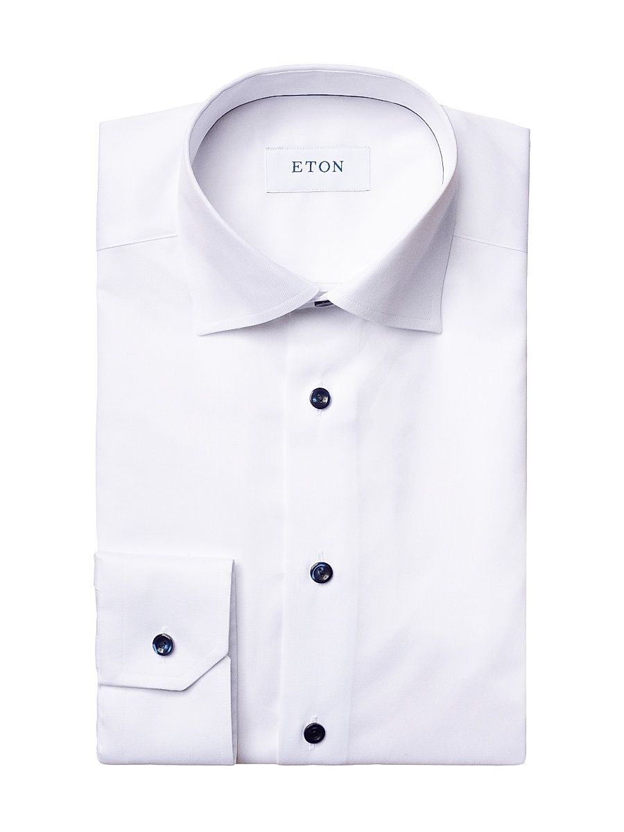 Men's Slim-Fit Twill Dress Shirt with Navy Details - White - Size 17