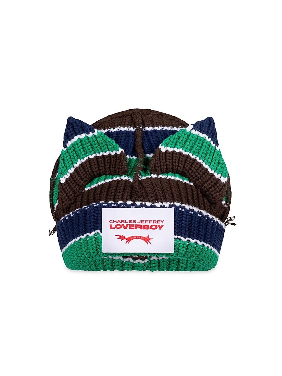 Men's Chunky Ears Striped Cotton Beanie - Green Navy Brown Stripe