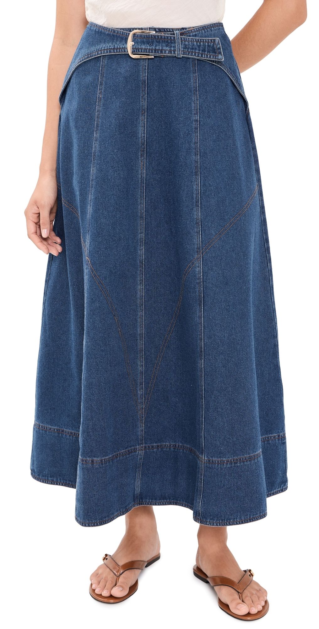Moon River Belt Buckle Detail Denim Midi Skirt Denim Blue S