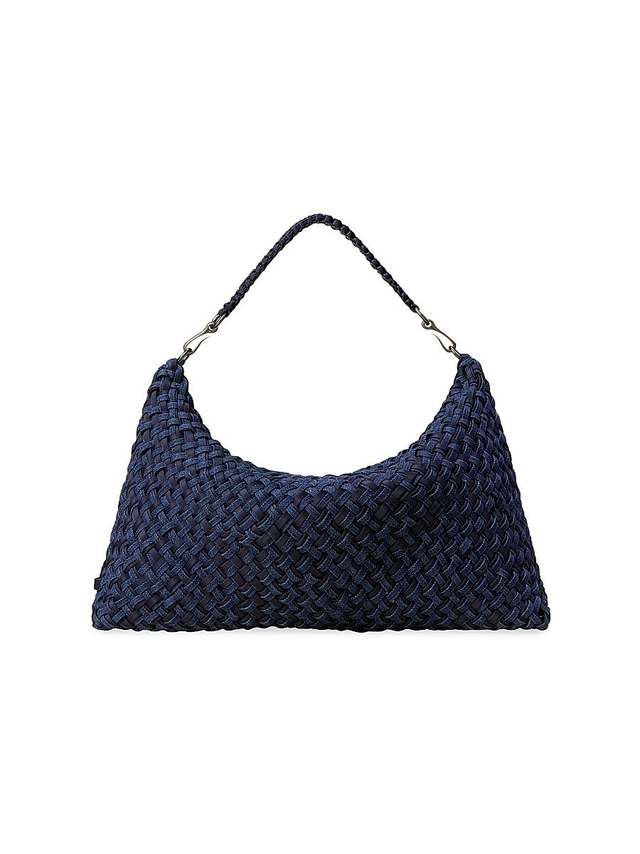 Women's Porto Medium Double Weave Denim Half-Moon Shoulder Bag - Indigo
