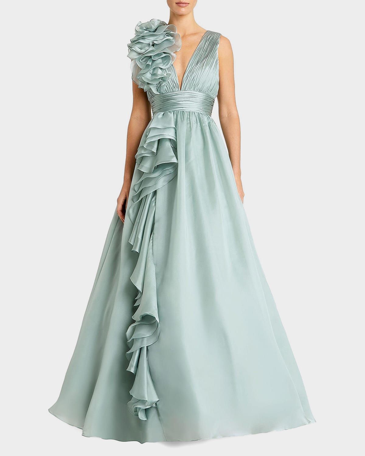 Sleeveless Deep V-Neck Ruffle Gown