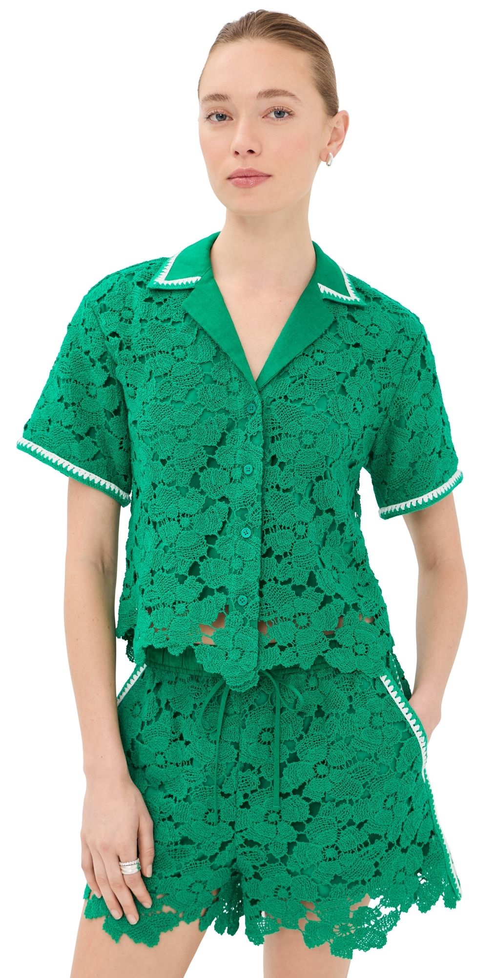 SIMKHAI Glenn Lace Camp Shirt Kelly Green L