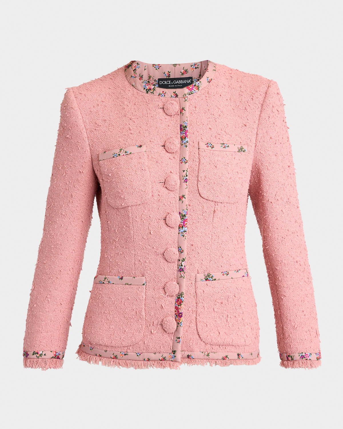 Floral-Trim Boucle Single-Breasted Jacket
