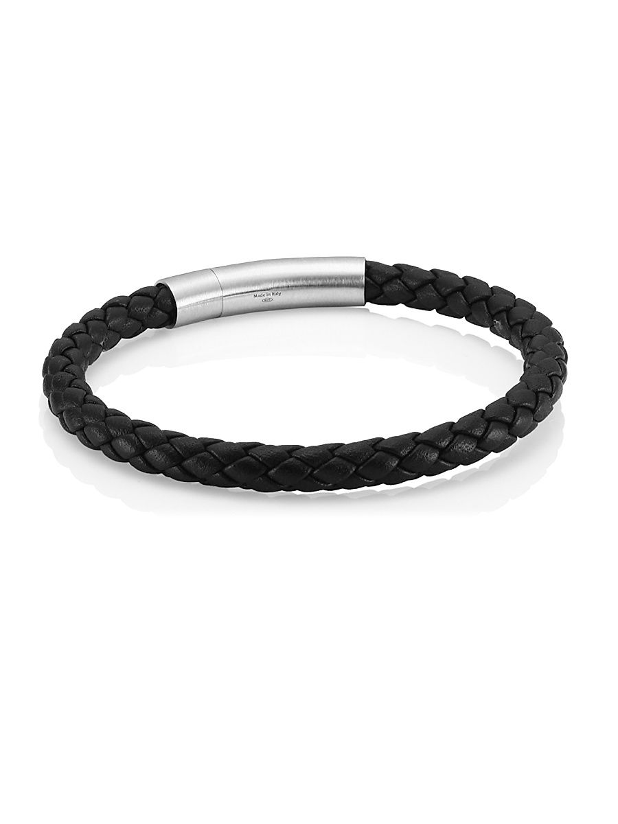 Men's Sterling Silver & Leather Basketweave Bracelet - Black - Size Large