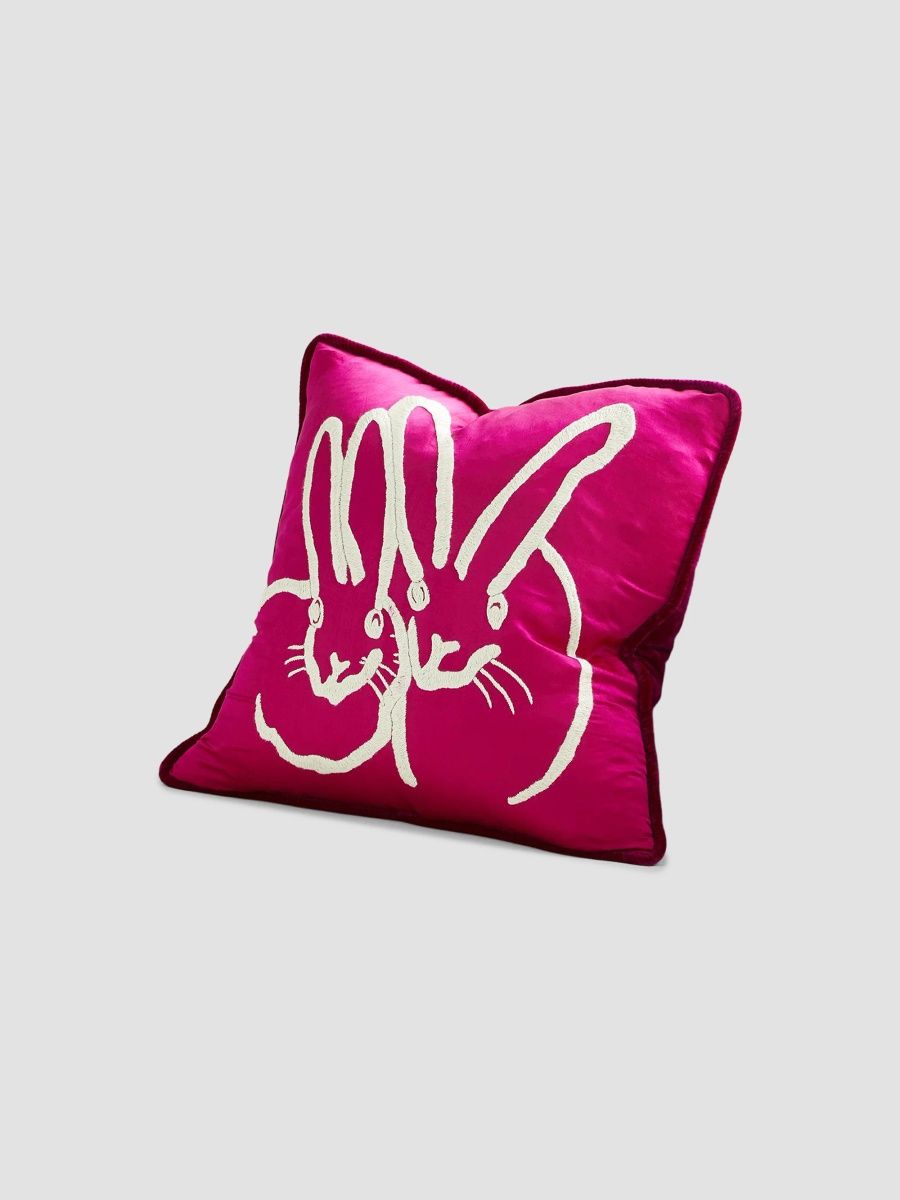 Hunt Slonem Hand-Embroidered Silk Bunny Pillow, Pink - Pink White