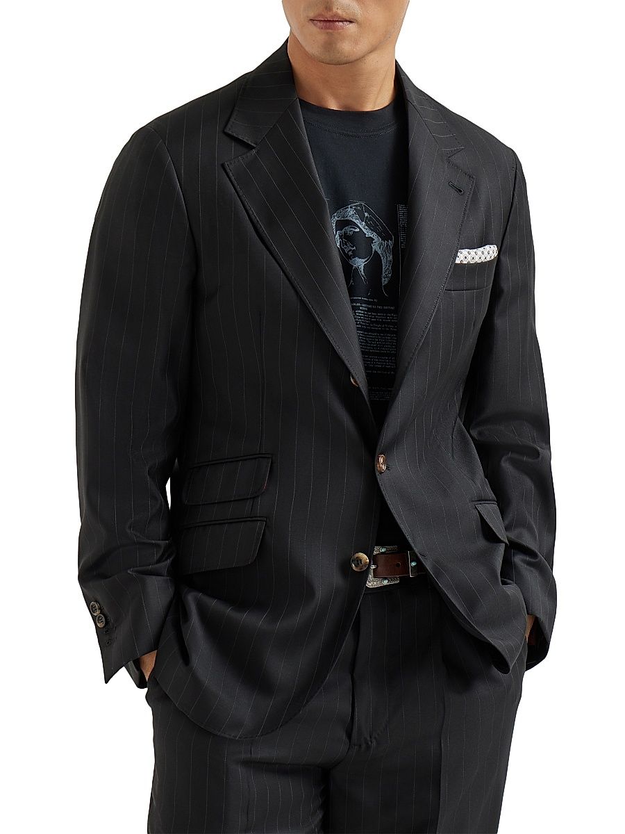 Men's Virgin Wool Chalk Stripe Batavia Deconstructed Cavallo Blazer - Black - Size 46