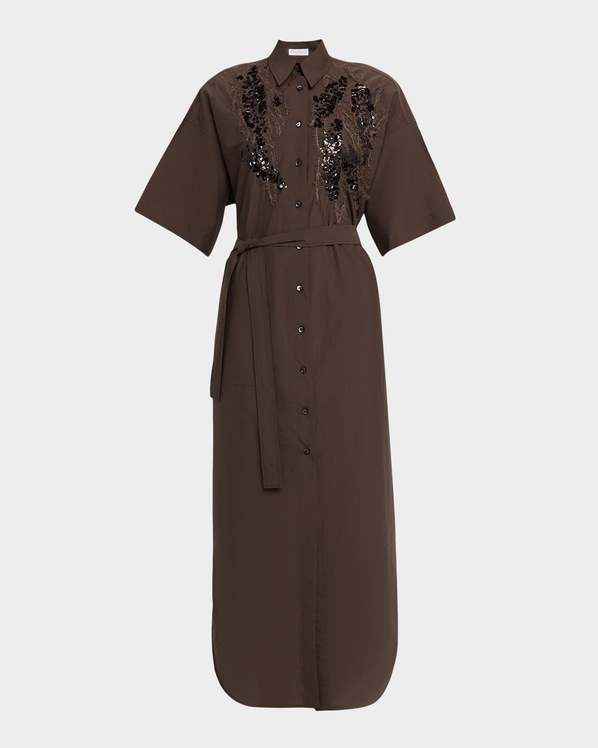 Sequin Embroidered Cotton Poplin Midi Shirtdress