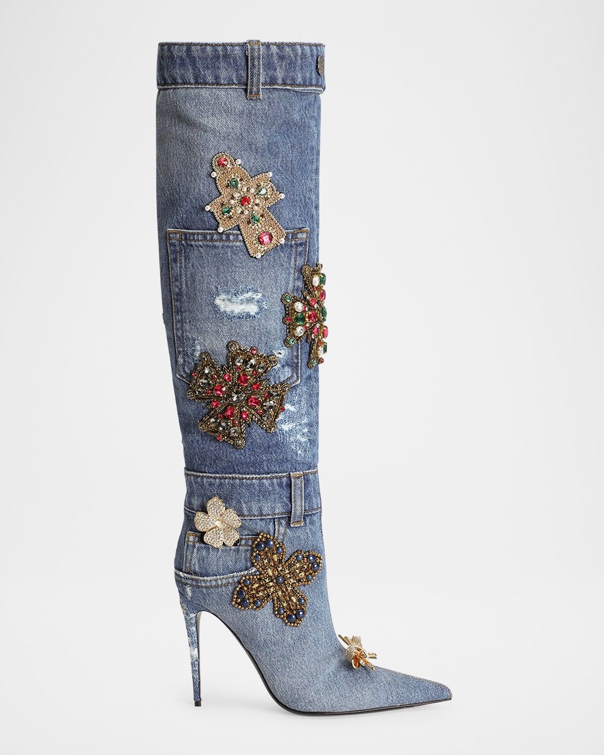 105mm Embellished Patchwork Denim Knee-High Boots