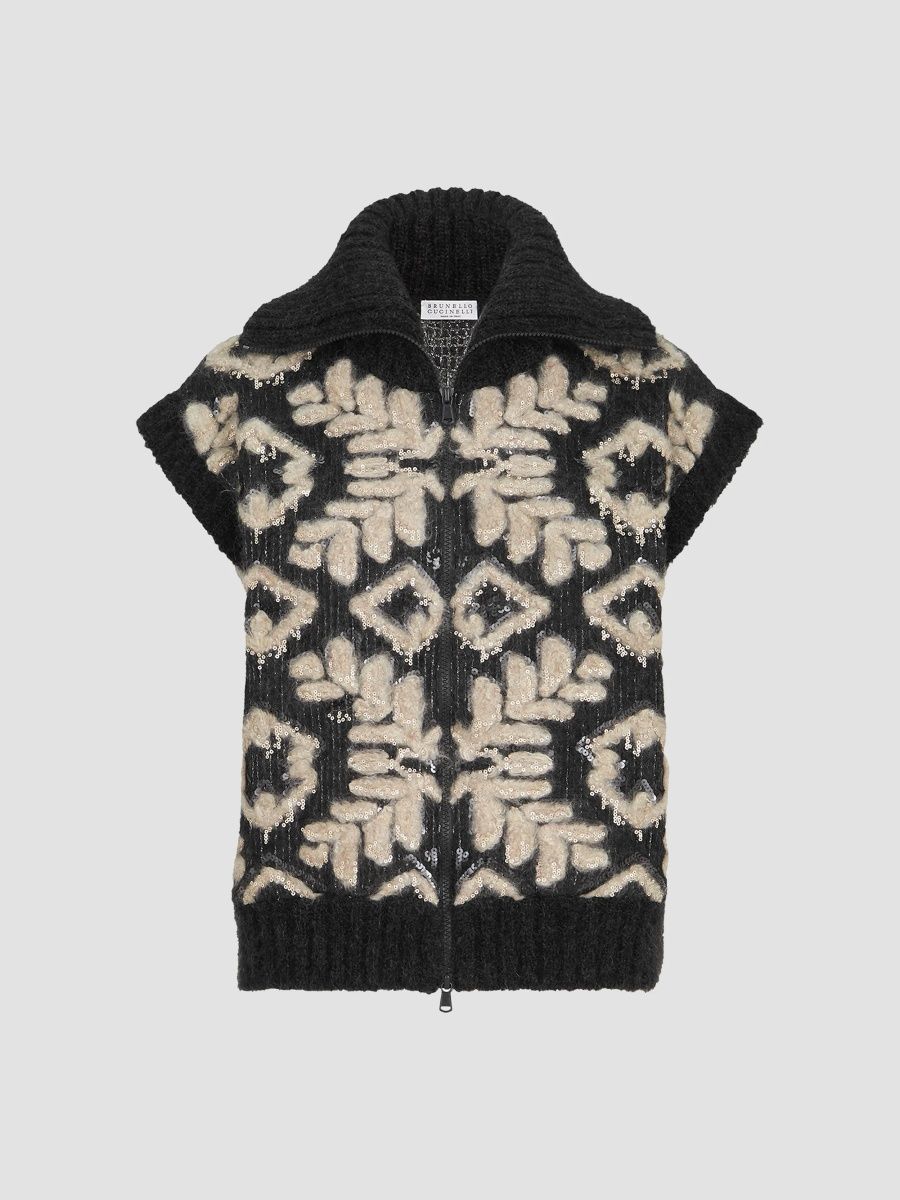 Brunello Cucinelli Women's Mohair and Wool Dazzling Alpine Embroidery High-Neck Cardigan - Black - Size XXS