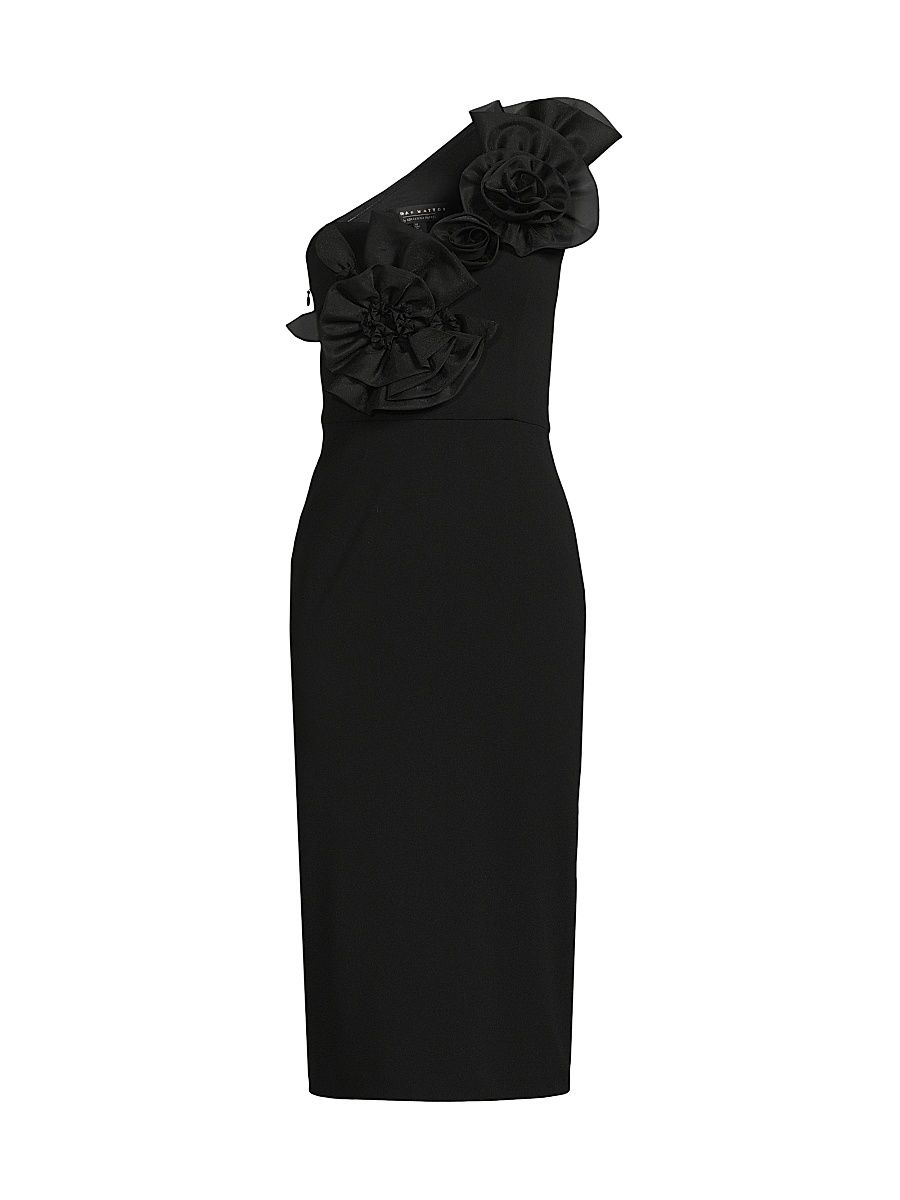 Women's Crepe Floral-Appliqué One-Shoulder Midi-Dress - Black - Size 14