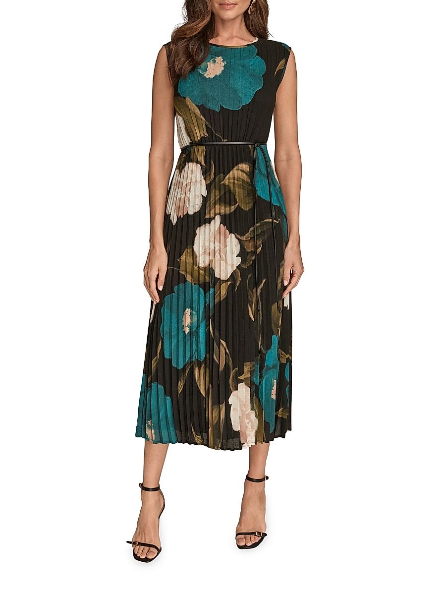 Women's Pleated Stretch-Chiffon A-Line Midi-Dress - Midnight Green Multi - Size 2