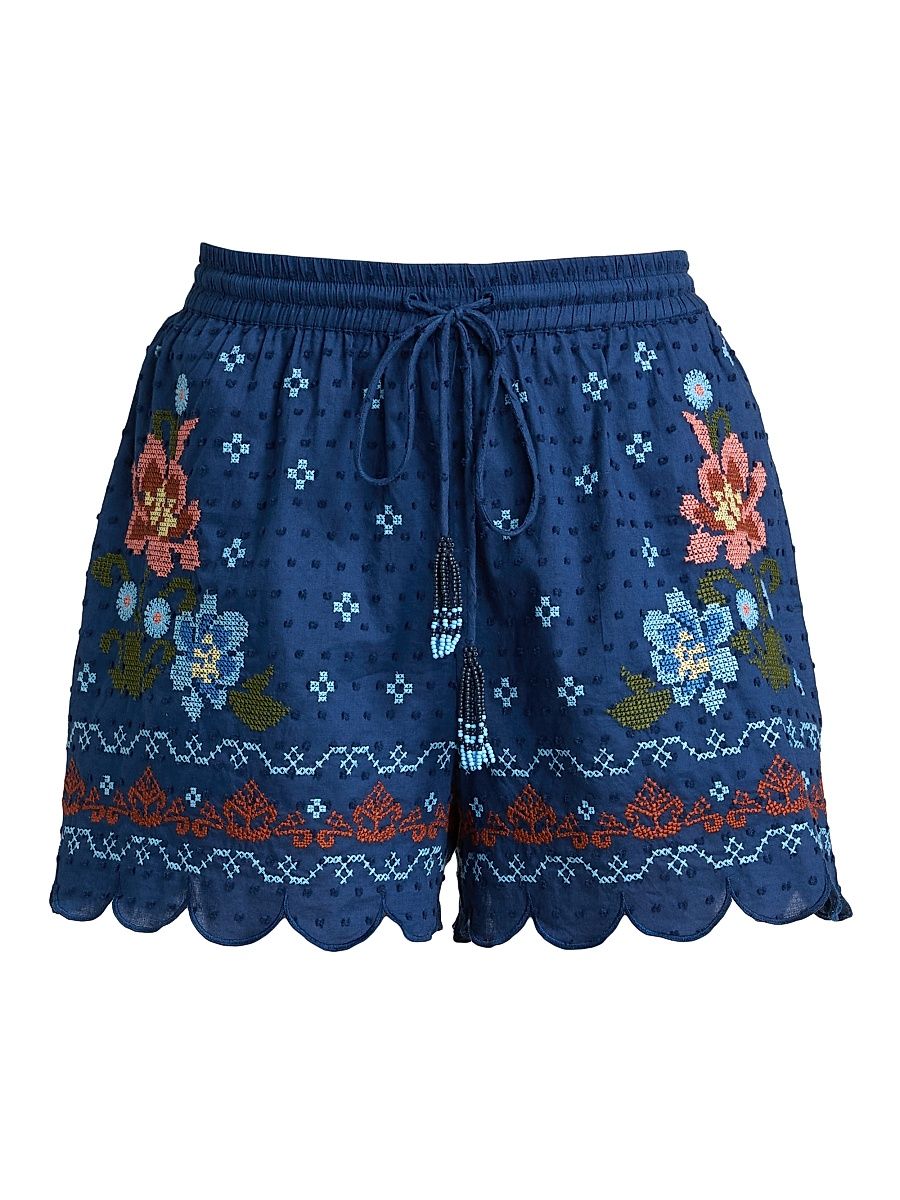 Women's Stitched Garden Embroidered Shorts - Dark Blue - Size XL