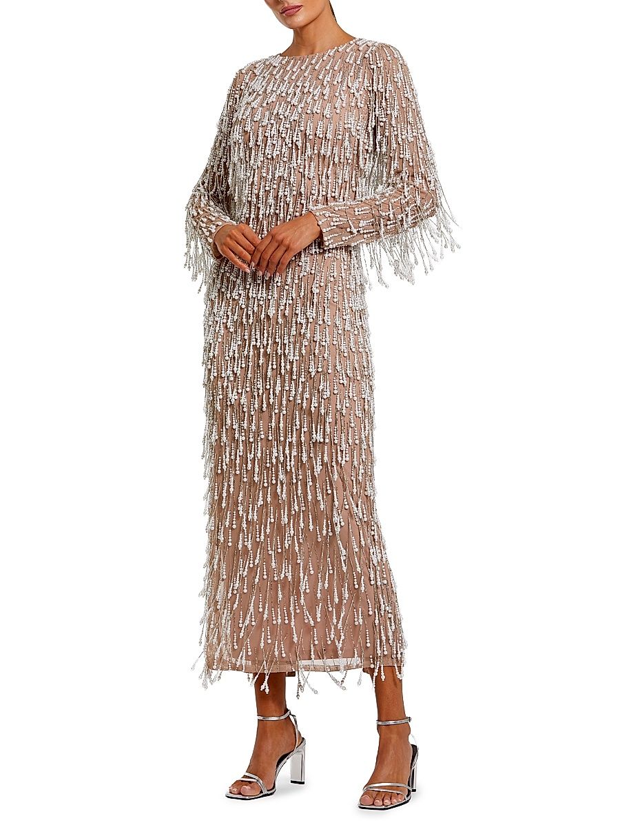 Women's Pearl Fringe Mesh Midi-Dress - Ivory Beige - Size 14