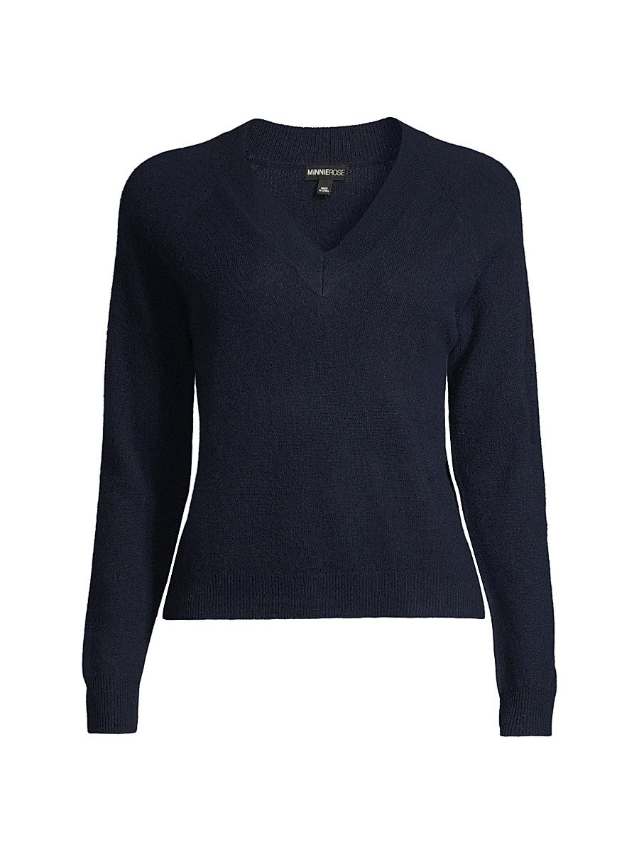 Women's V-Neck Cashmere Sweater - Navy - Size Large