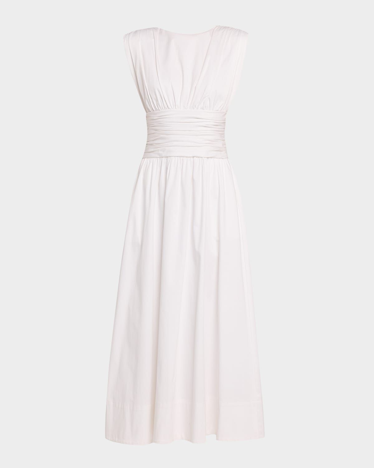 Evangeline Strong Shoulder Ruched Midi Dress