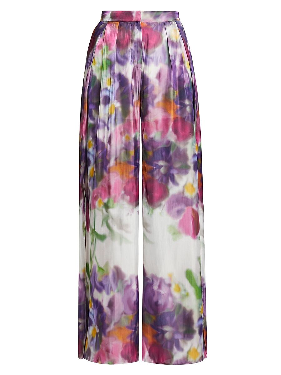 Women's Atiya Floral Satin Wide-Leg Pants - Iris Multi - Size Large