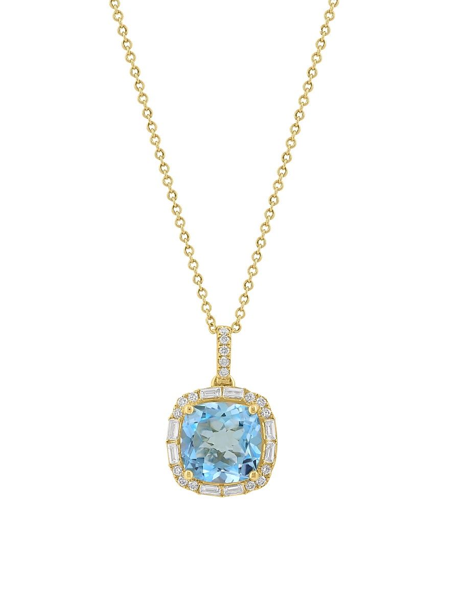 Women's 14K Yellow Gold, Sky Blue Topaz & 0.34 TCW Diamond Halo Pendant Necklace - Yellow Gold