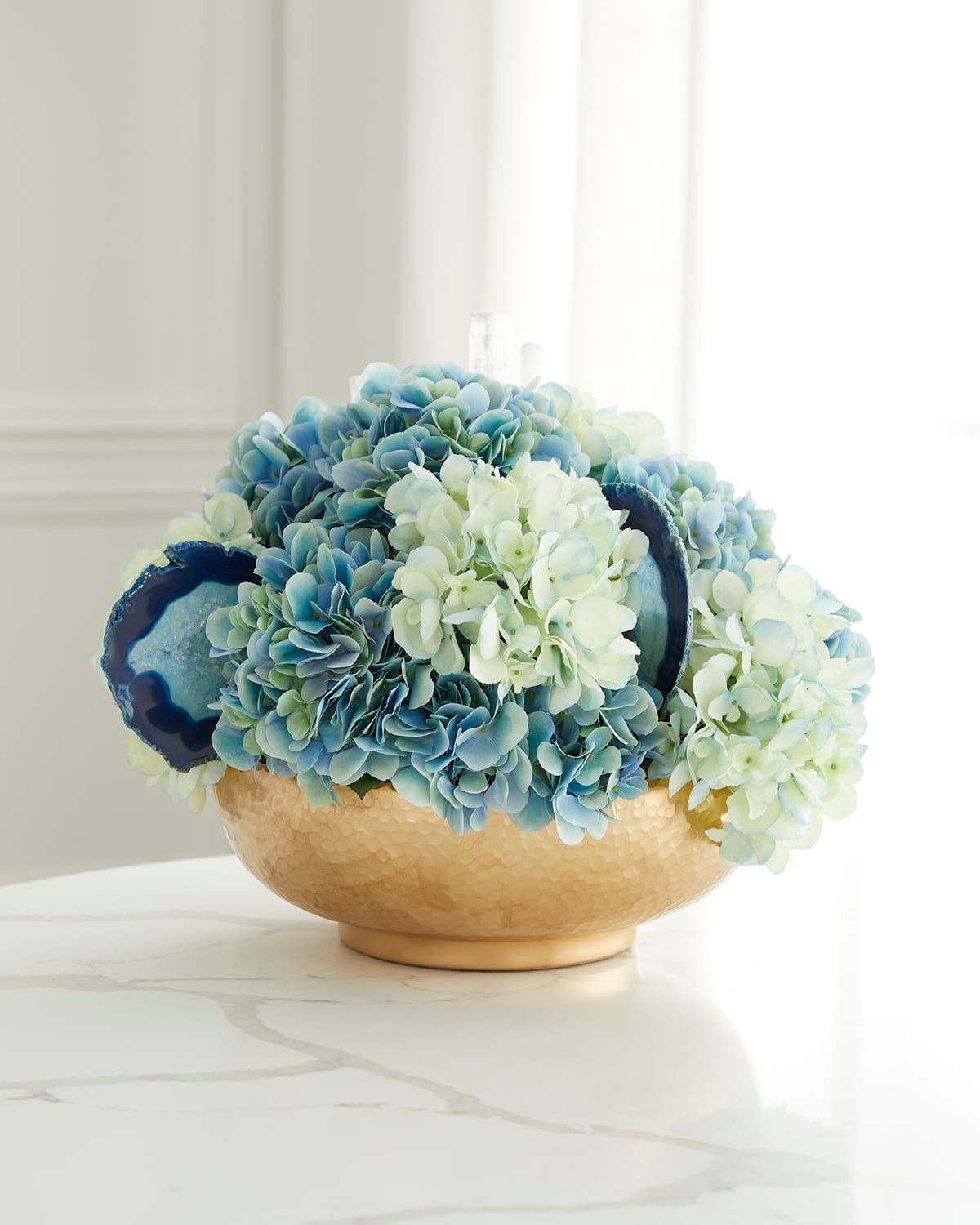 Hydrangea Faux Floral Arrangement in Hammered Metal Bowl with Selenite and Agate Slabs - 17"