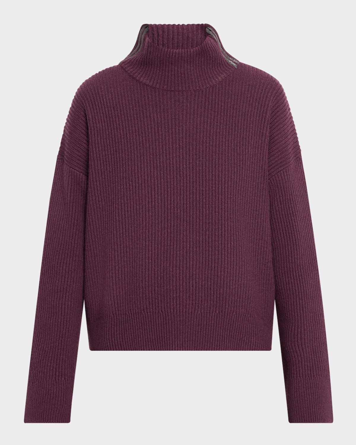 Monili-Trim Turtleneck Cashmere Rib Sweater