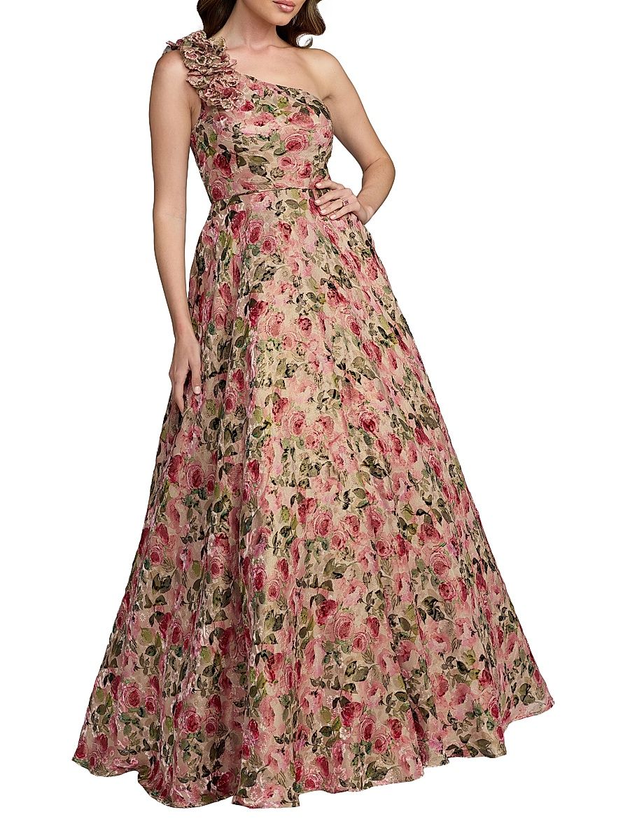 Women's Floral Organza Brocade One-Shoulder Gown - Pink Multi - Size 16