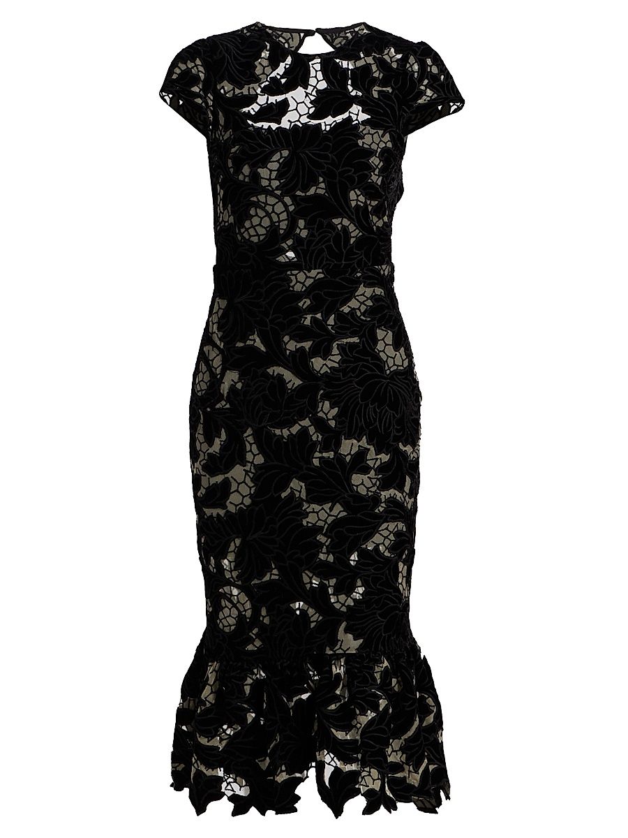 Women's Clover Velvet Floral Lace Open-Back Midi-Dress - Black - Size 12
