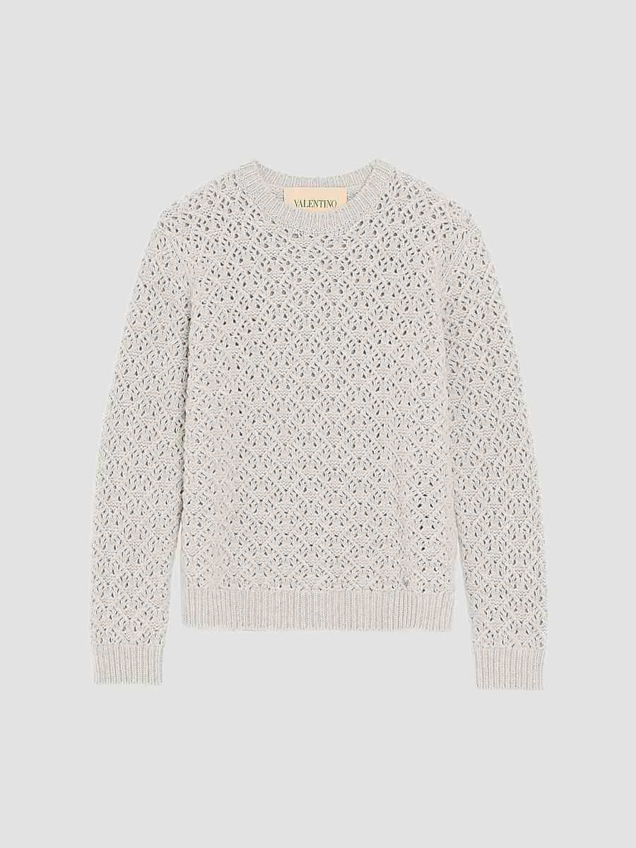 Men's Wool and Cashmere Sweater with Metallic V Detail - Light Grey - Size XXXL