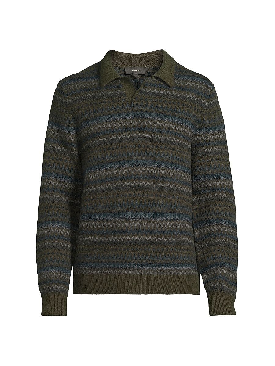 Men's Fair Isle-Inspired Johnny Collar Wool-Cashmere Sweater - Dark Leaf Combo - Size XXL