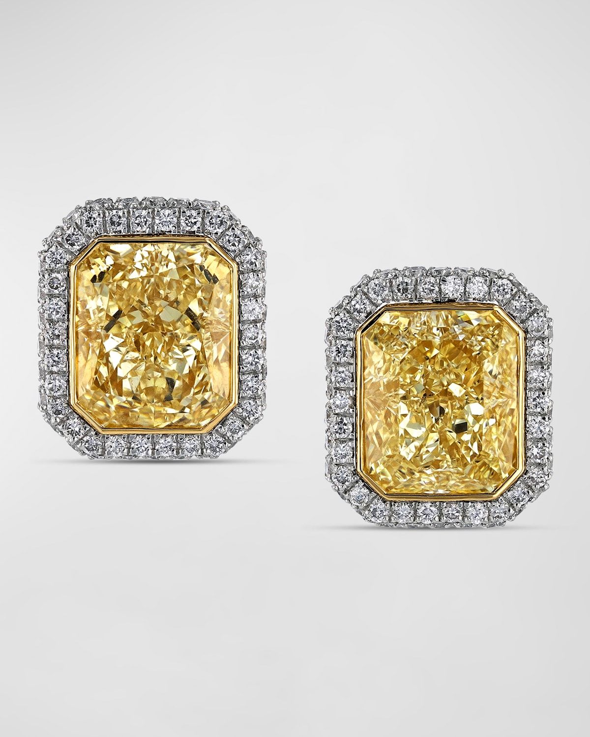 Platinum and 18K Yellow Gold Radiant Diamond Martini Stud Earrings, 7.2tcw, 0.50"L x 0.45"W