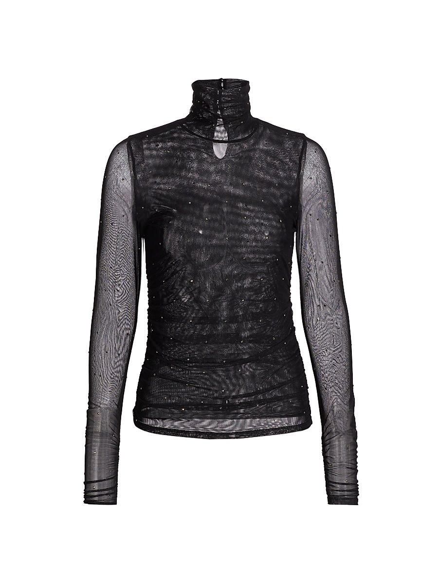 Women's Heatset Shirred Mesh Turtleneck Top - Black Silver - Size XS