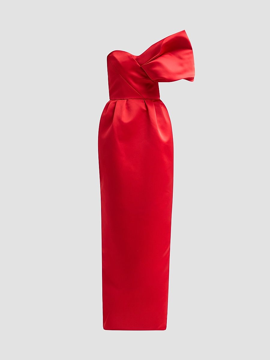 Women's Satin Silk One-Shoulder Column Gown - Red - Size 12