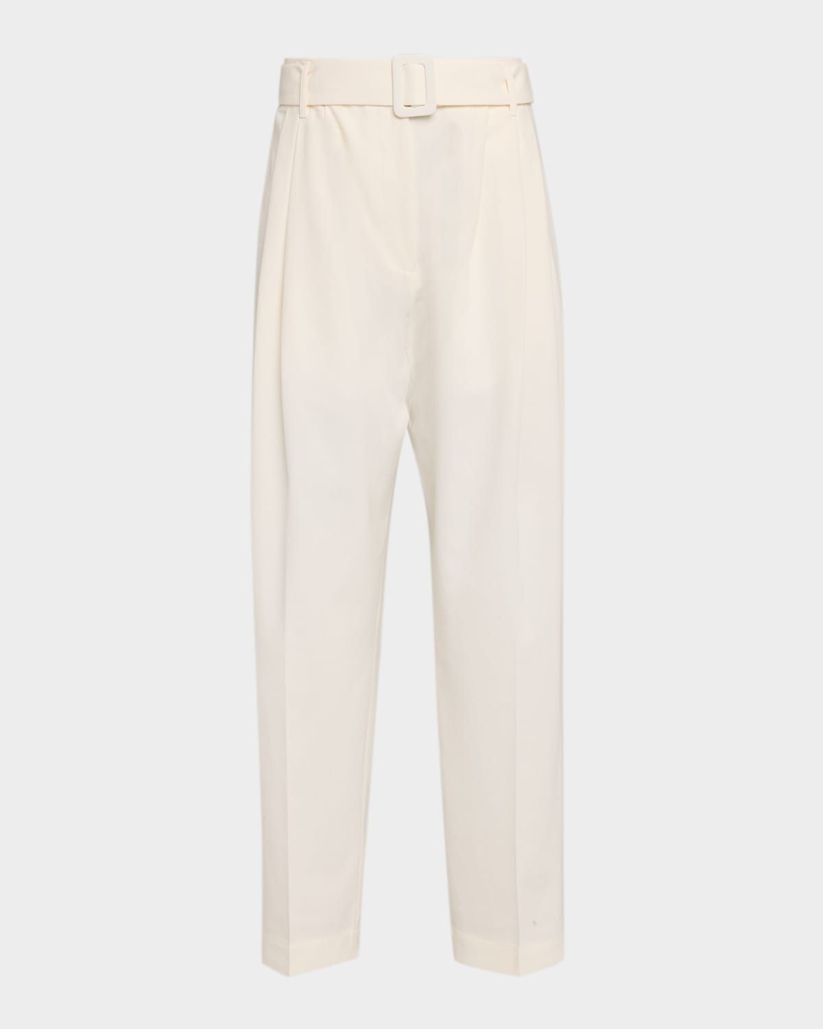 Pleated Cotton Tapered-Leg Ankle Pants With Belt