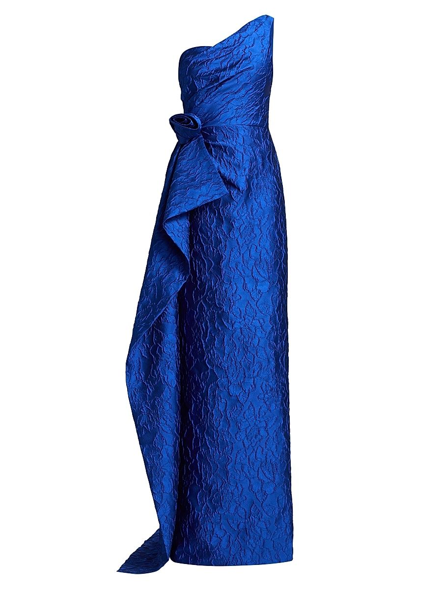 Women's 3D Floral Tonal Jacquard One-Shoulder Gown - Cobalt - Size 18