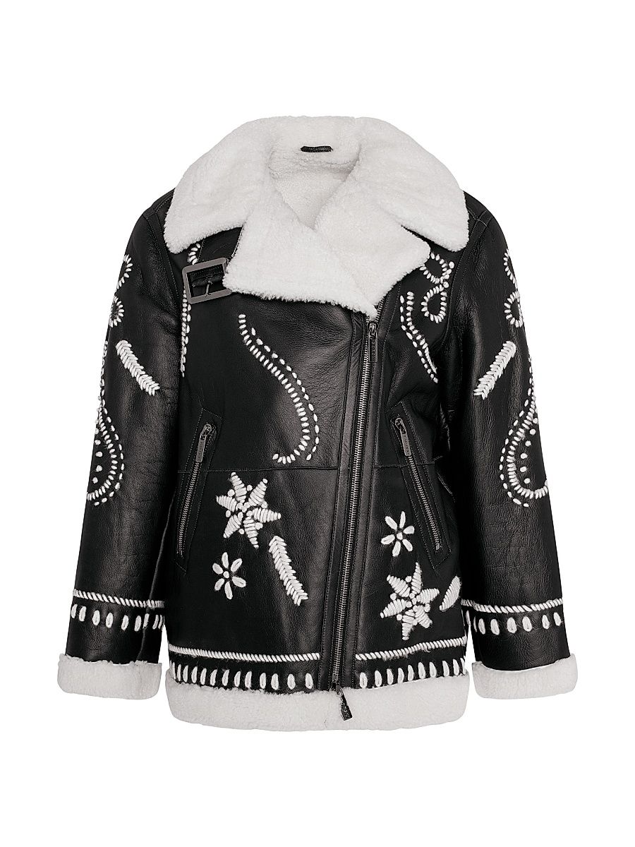 Women's Select Shearling Lamb Zip Jacket with Wool Embroidery - Black - Size Small