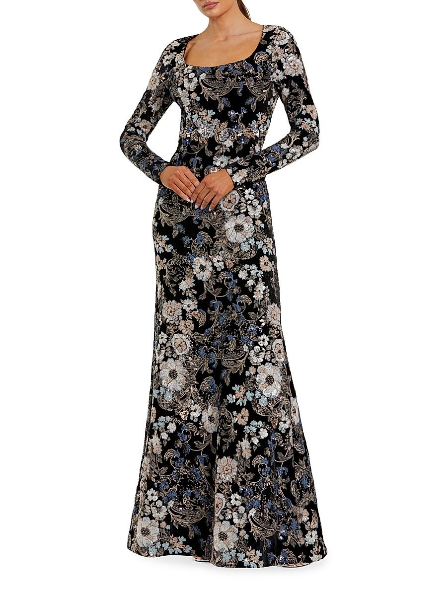 Women's Embroidered Velvet Long-Sleeve Gown - Black Multi - Size 20