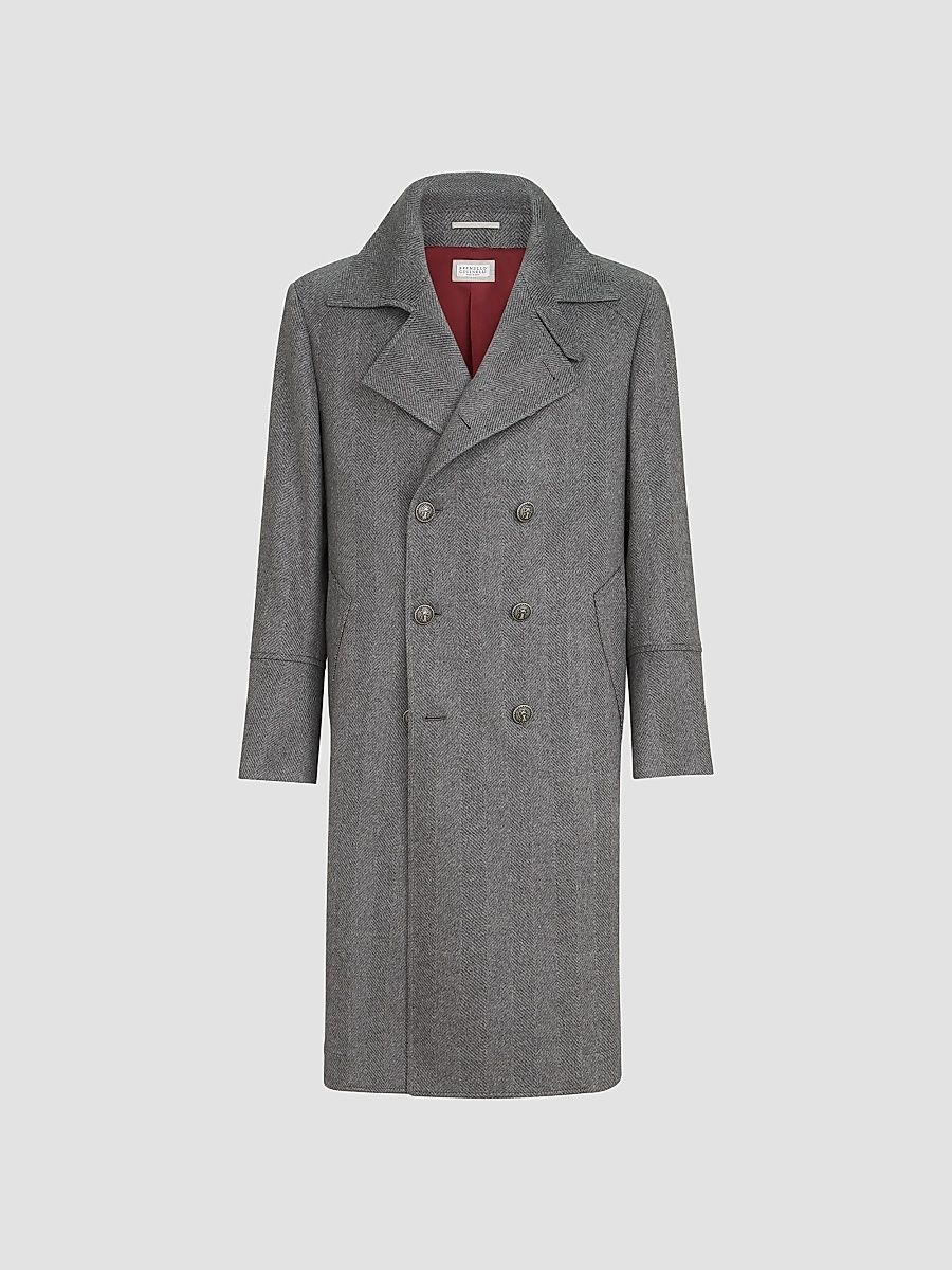 Men's Cashmere Chevron Flannel One-and-a Half Breasted Coat - Medium Grey - Size 40