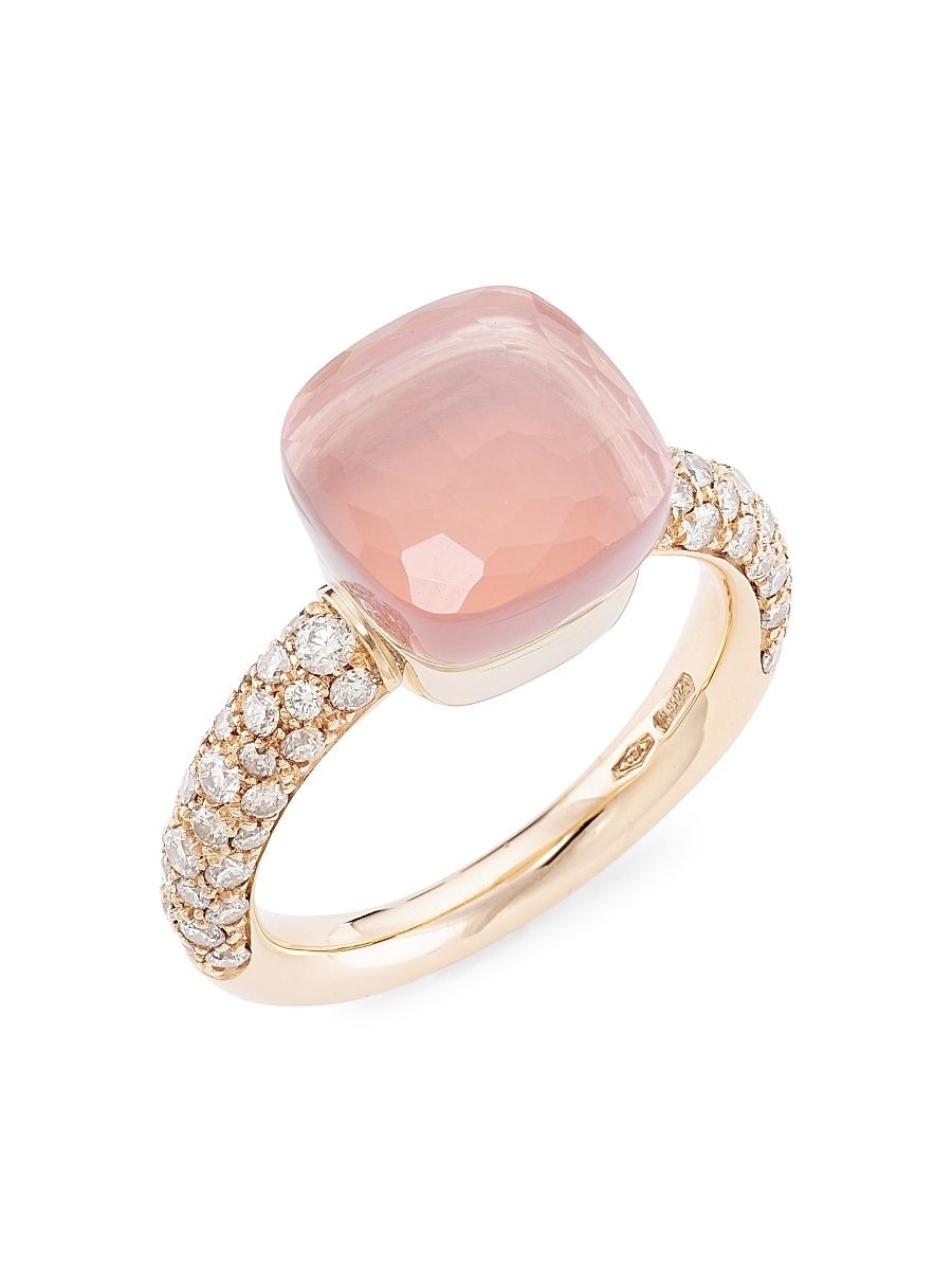 Women's Nudo 18K Rose Gold & White Gold, Rose Quartz & Diamond Classic Square Ring - Rose Gold - Size 6.75