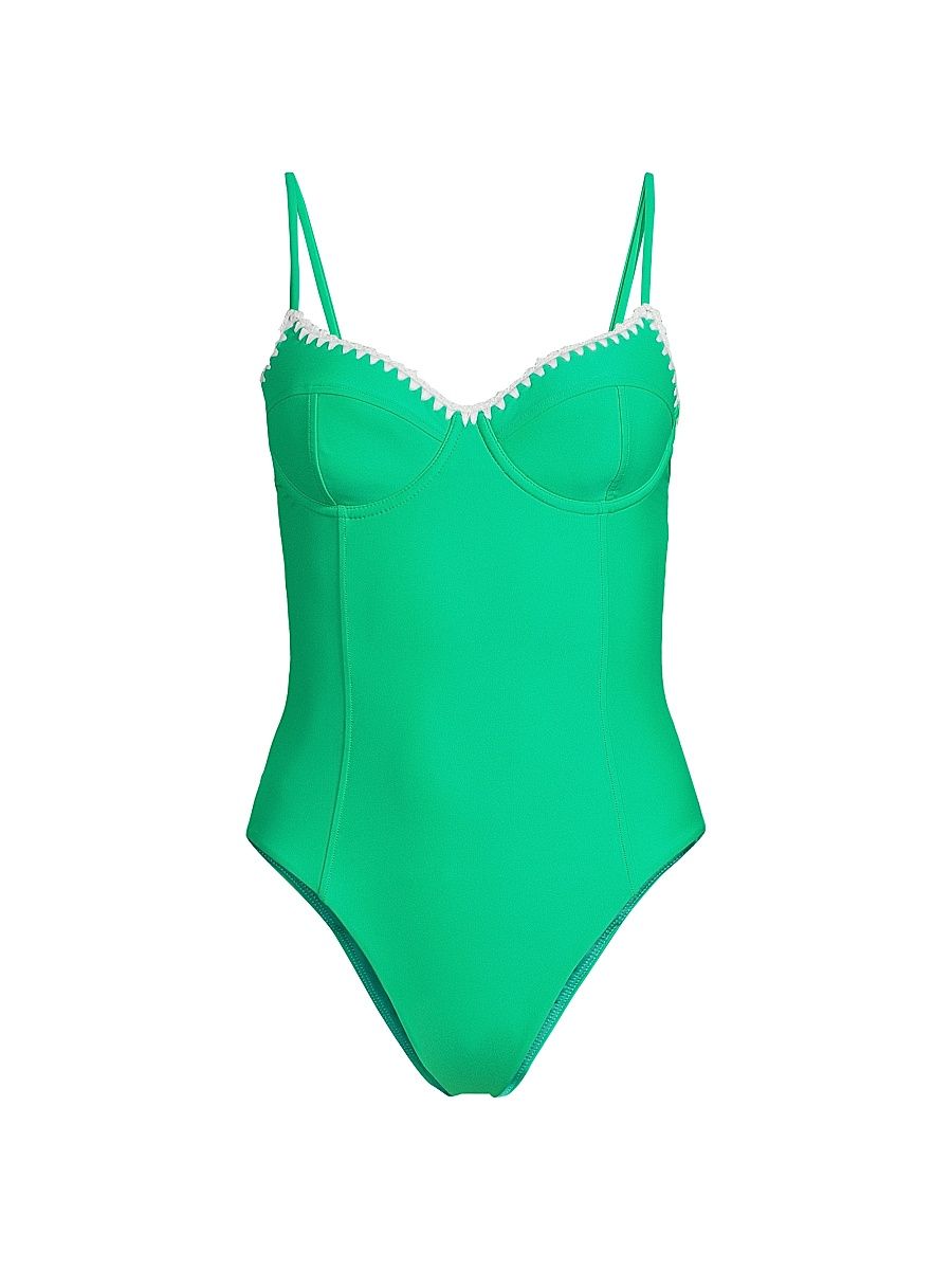Ramy Brook Women's Addisyn Whipstitch One-Piece Swimsuit - Palm Green White Crochet - Size Medium