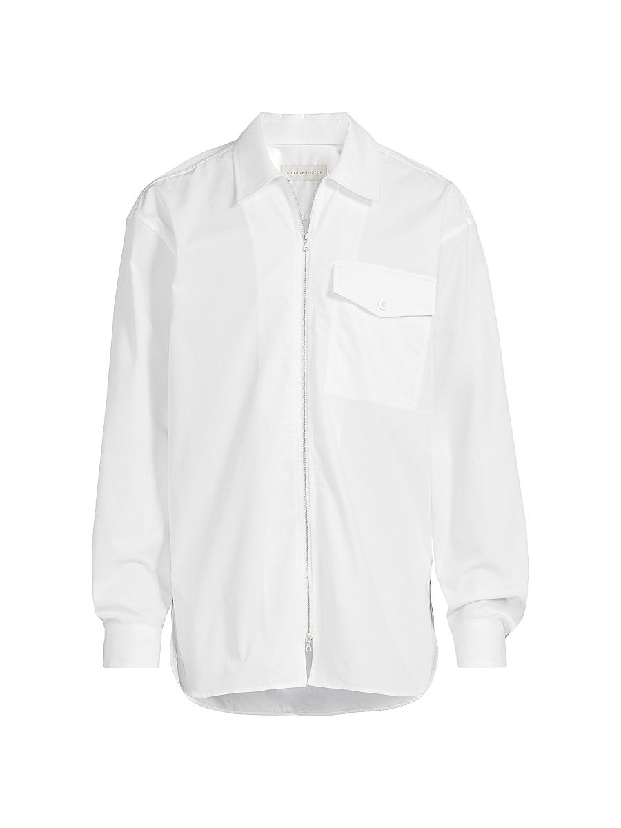 Men's Zip-Front Cotton Shirt - White - Size Large