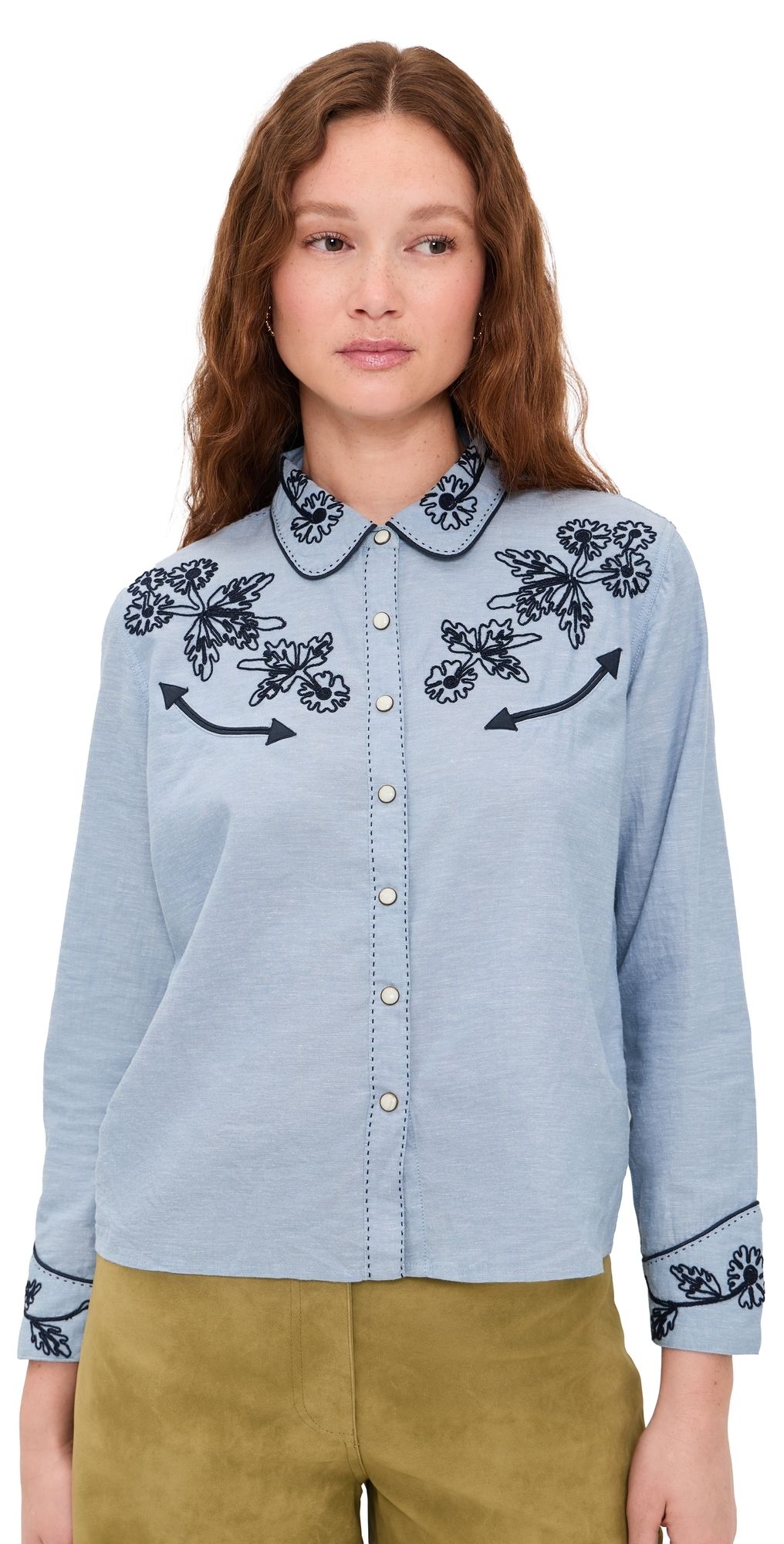 THE GREAT. THE GREAT x Stetson The Chambray Embroidered Western Shirt Chambray 2