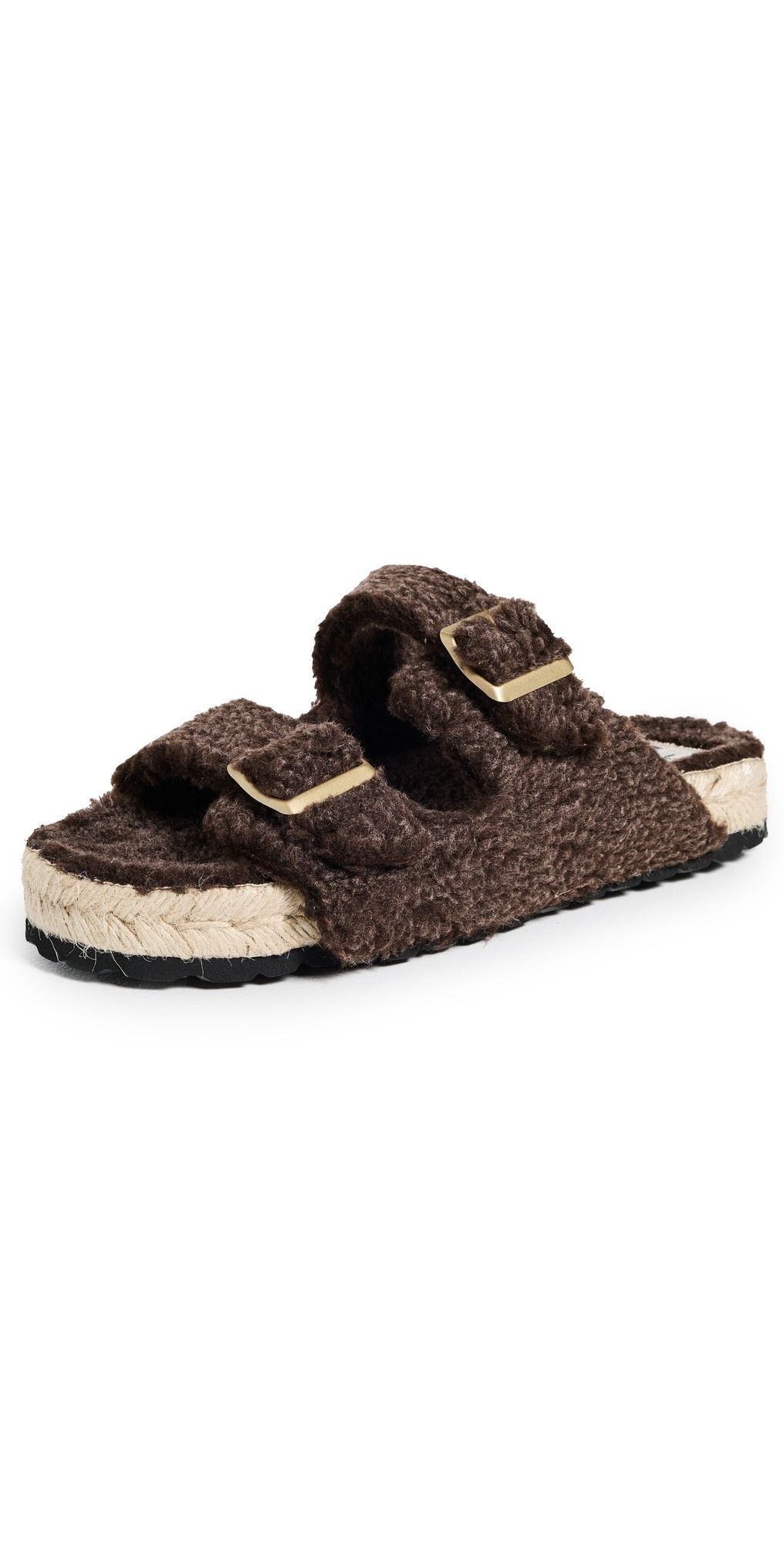 Manebi Nordic Faux Fur Sandals Cocoa with Gold Buckles 37