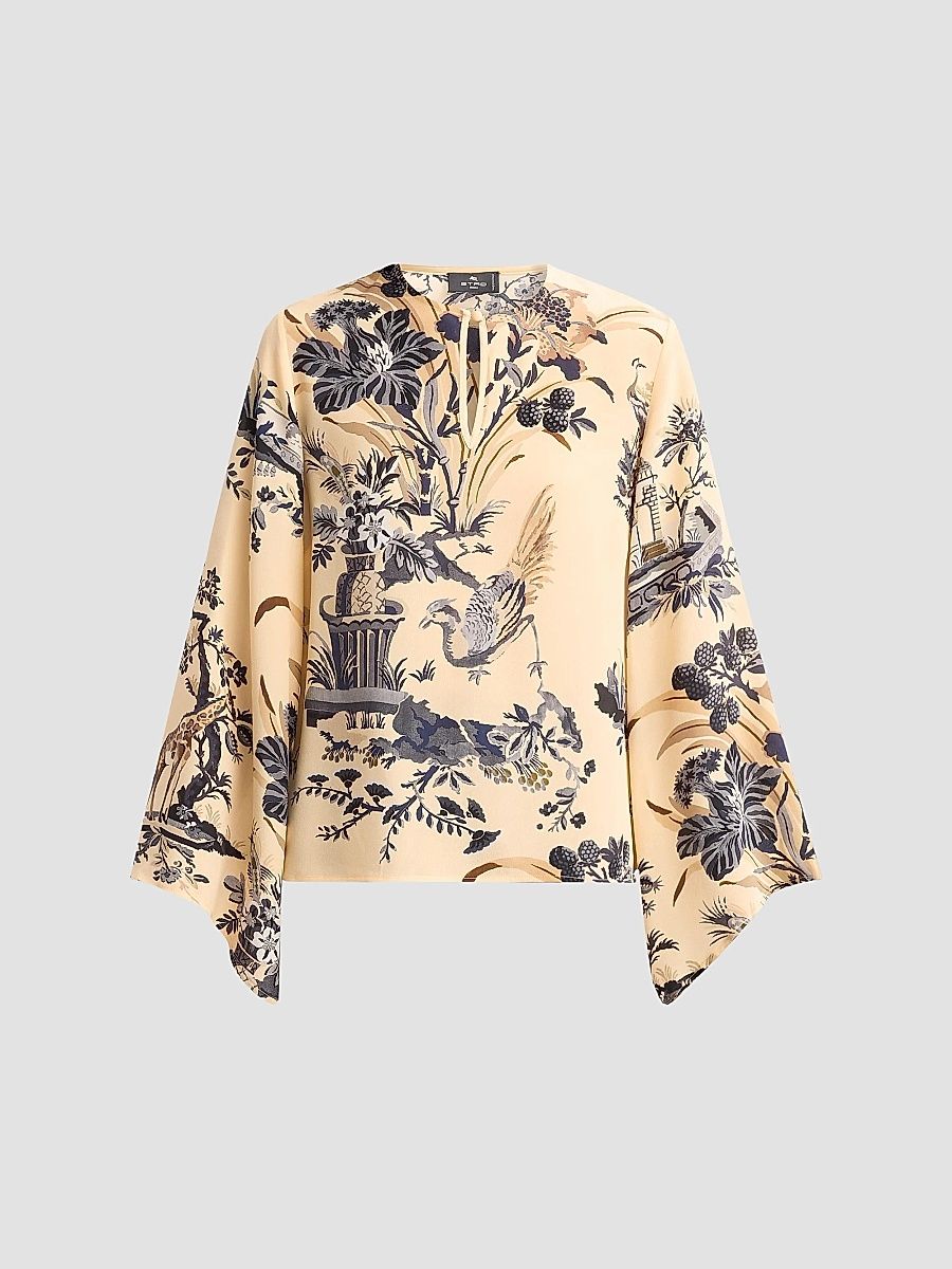 Women's Printed Silk Keyhole Blouse - Printed Beige - Size 14