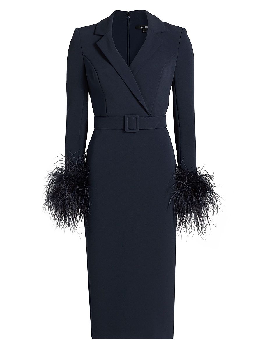Women's Feather-Embellished Crepe Belted Tuxedo Midi-Dress - Navy - Size 6