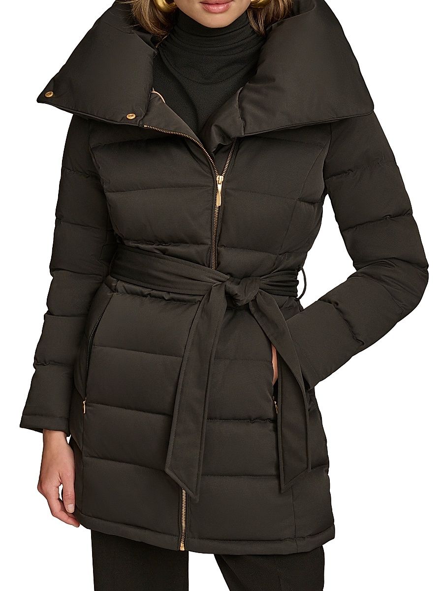 Women's Belted Puffer Coat - Black - Size XS
