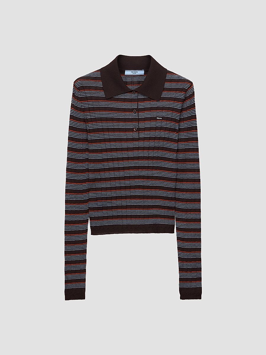 Women's Striped Cashmere and Silk Polo Shirt - Brown - Size 10