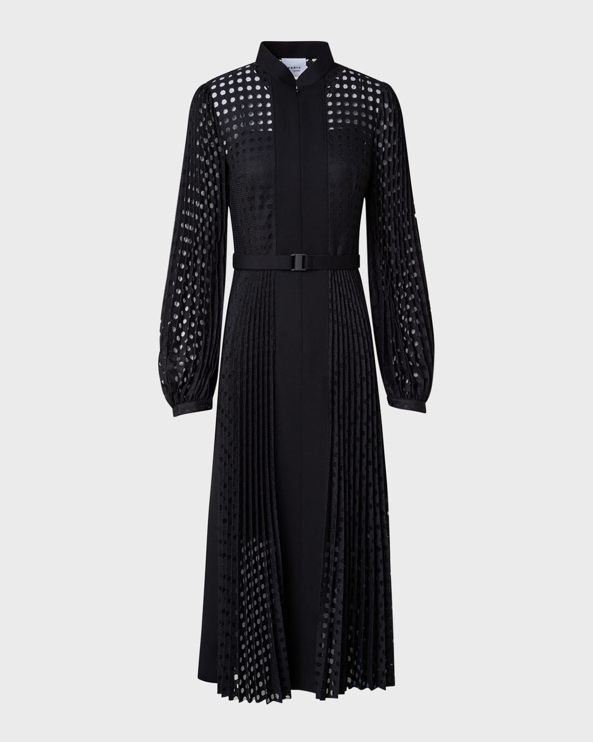 Mix Media Dotted Burn-Cut Lace Midi Dress with Plisse Detail