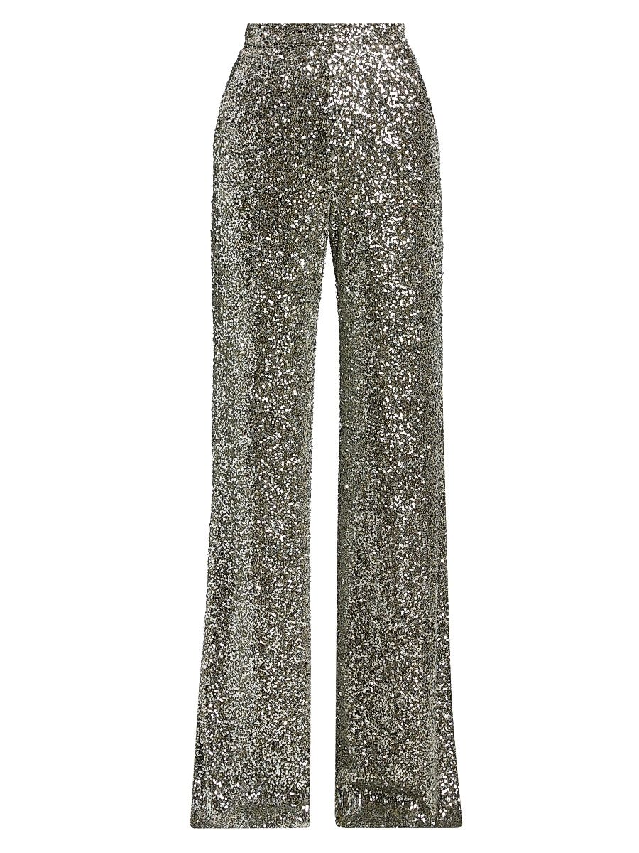 Women's Sequined High-Rise Wide-Leg Evening Pants - Gunmetal - Size 12