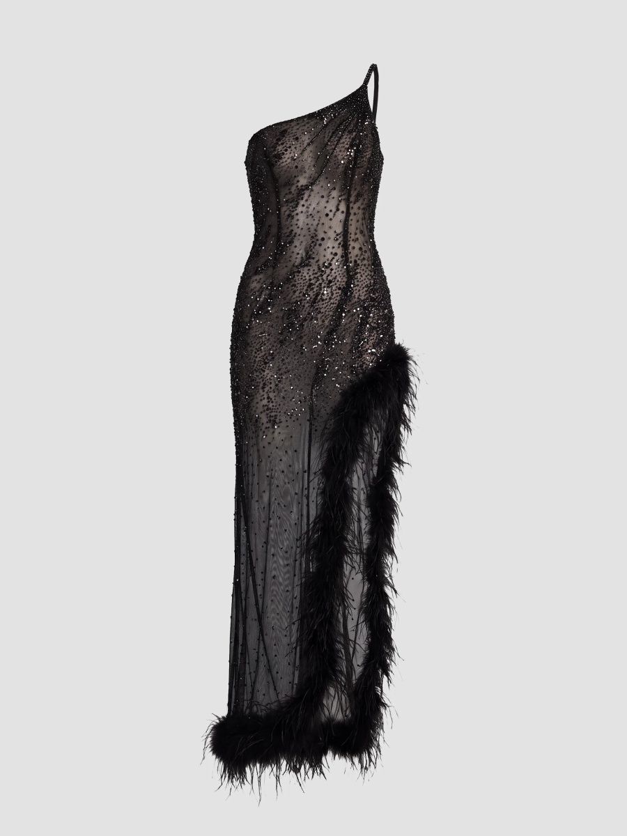 Mac Duggal Women's One-Shoulder Beaded Feather Maxi Dress - Black - Size 10