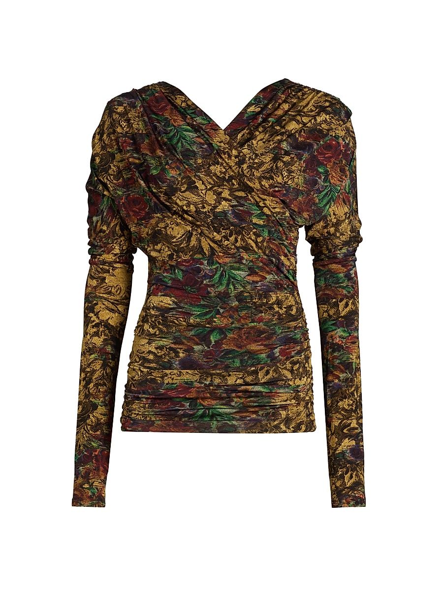 Women's Ruched Floral Long-Sleeve Top - Custard - Size 8