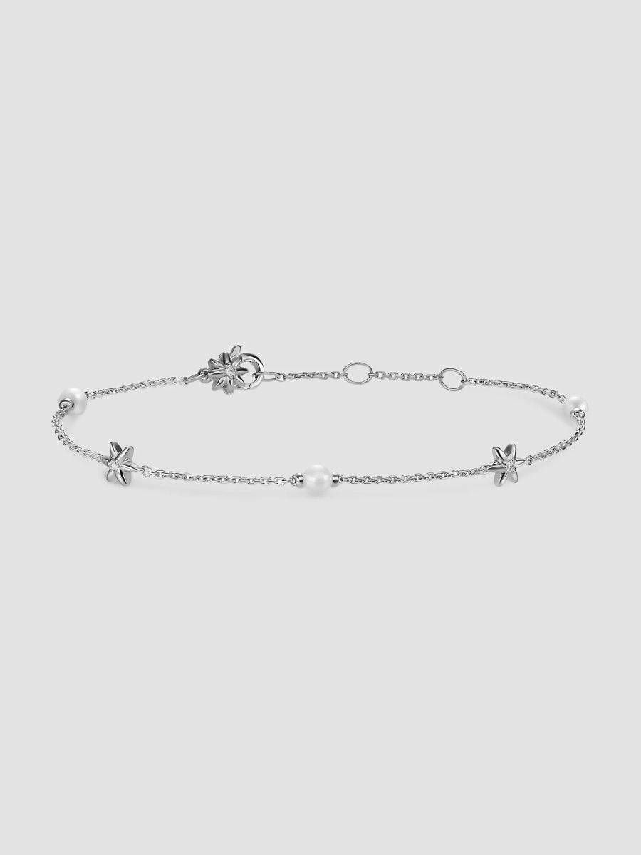 David Yurman Women's Petite Starburst and Pearl Station Chain Bracelet in Sterling Silver with Pearls and Diamonds, 6MM - Silver