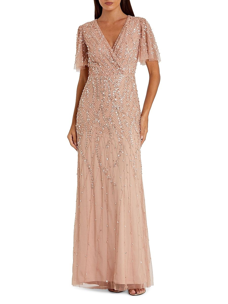 Women's Embellished Tulle Surplice Column Gown - Beige - Size 14